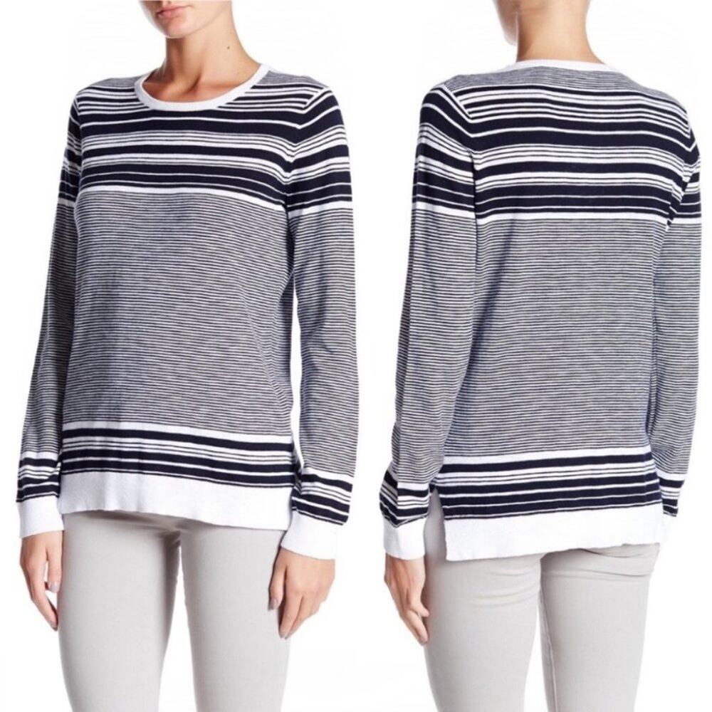 Vince Graphic Striped Cotton Slub Crewneck Long Sleeve Sweater Size Large